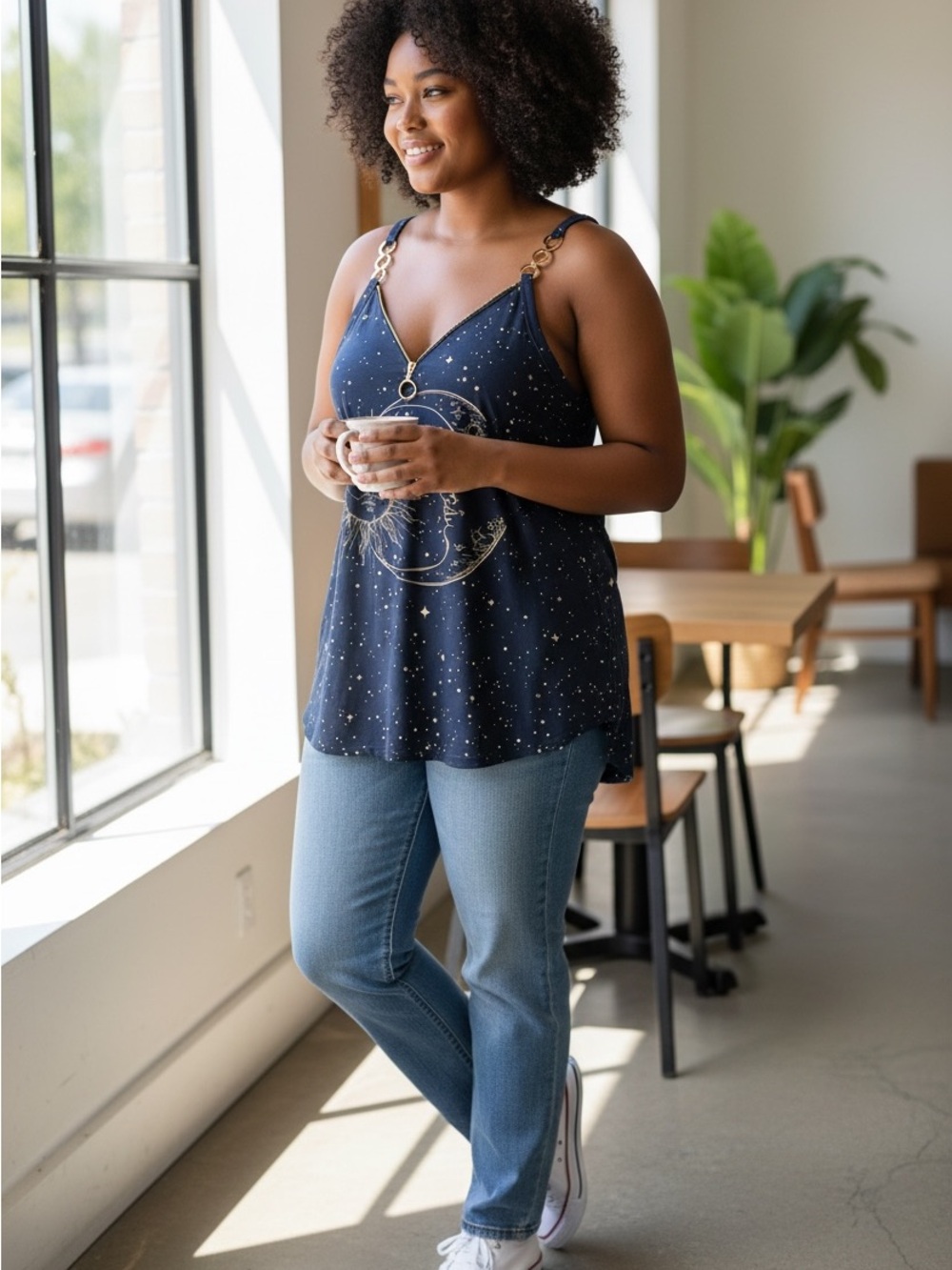 Astro-Graphic Navy Tank Top with Gold Sun & Moon Accents